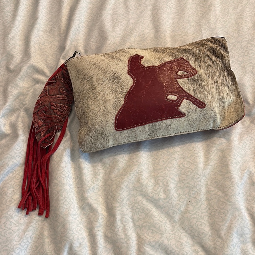 Cowhide Clutch with Red Leather Horse Design